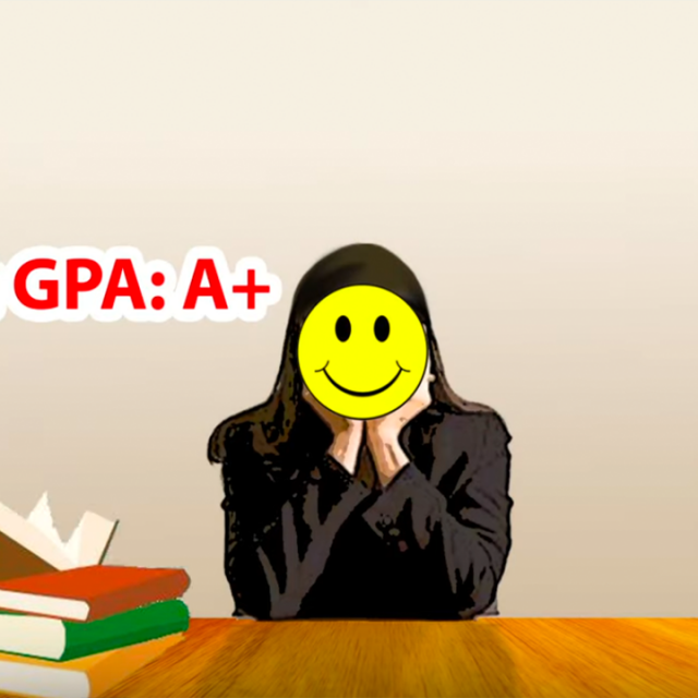 cartoon image of a sad young girl wearing a yellow mask with a smile on it who is a student wearing black at a wooden table. One each side of her are young women reading a stack of books and talking to her.