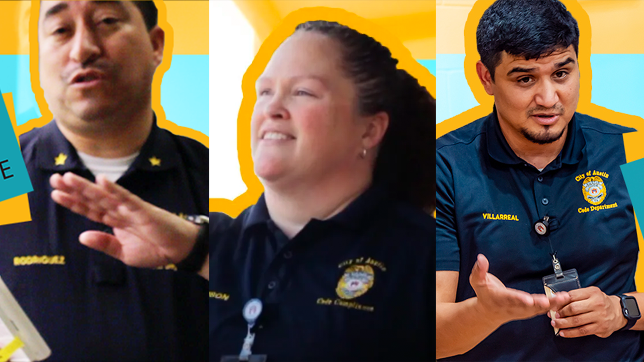 3 panels of three different code inspectors speaking standing in front of a camera while educating residents of Austin Texas