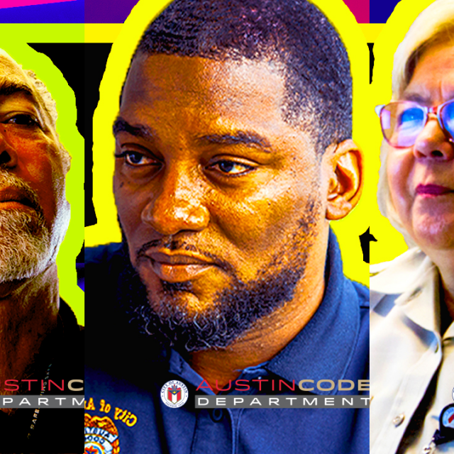 3 panels of 3 separate images featuring 2 male code inspectors and 1 femal code inspectors wearing their uniforms and sitting in front of a camera to talk about their experience with a specific code compliance case that they worked on