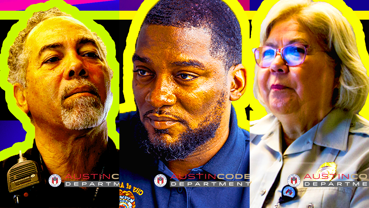 3 panels of 3 separate images featuring 2 male code inspectors and 1 femal code inspectors wearing their uniforms and sitting in front of a camera to talk about their experience with a specific code compliance case that they worked on